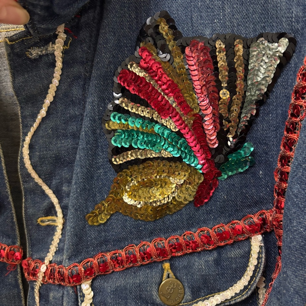 Vintage Custom Bedazzled Sequin Denim Jacket 70s Lee Clown Vegas Carnival Womens - Picture 3 of 15
